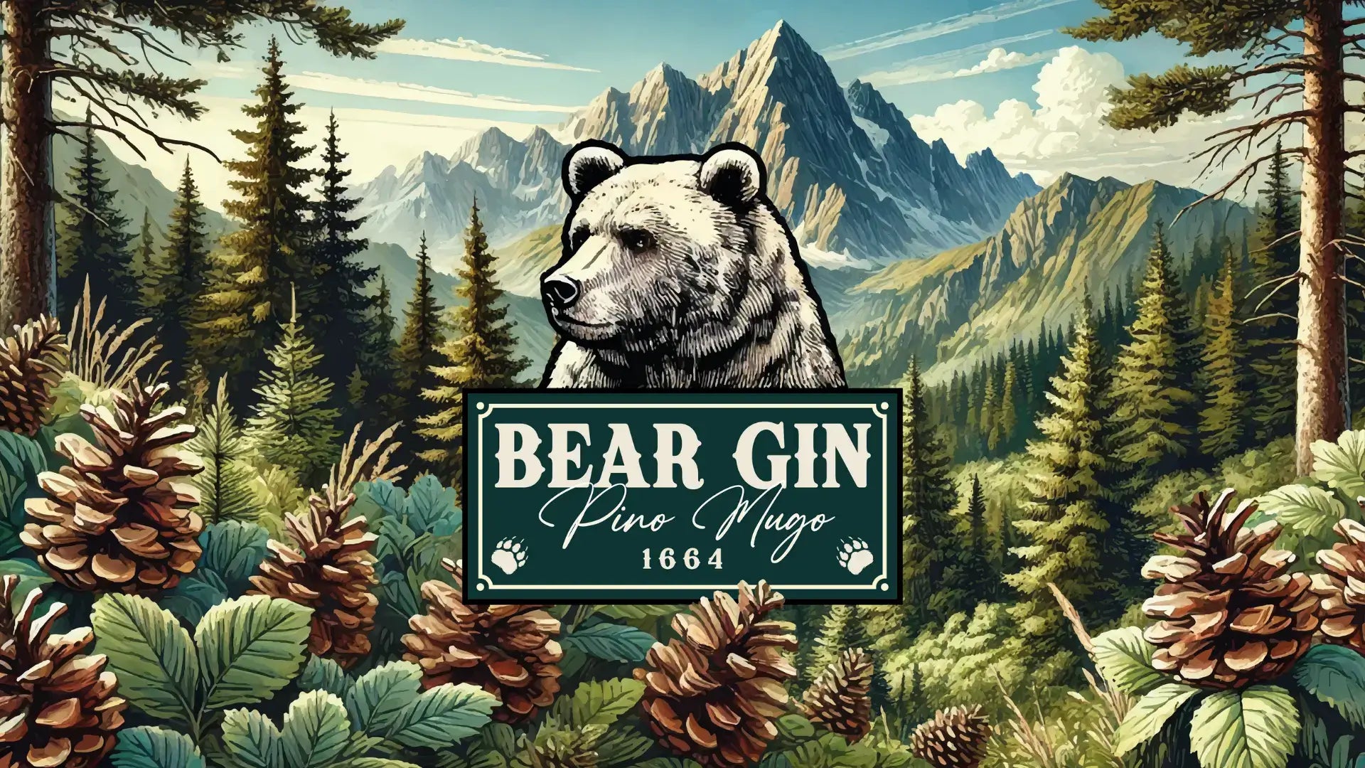 Bear Gin al Pino Mugo con etichetta illustrata e paesaggio alpino, il gin artigianale bresciano che racchiude l’essenza della montagna