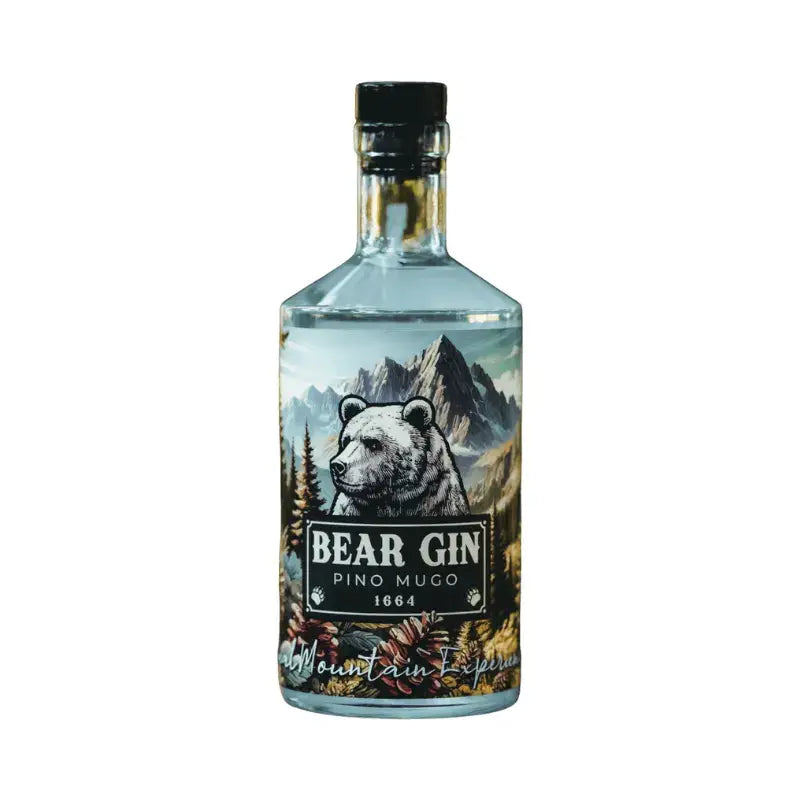 Bear Gin al pino mugo, vista frontale con etichetta illustrata e sfondo alpino