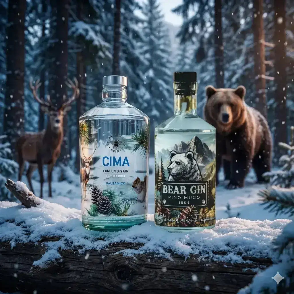 Due bottiglie di gin in vetro, una etichettata 'cima london dry gin' con un design di cervo e pigna e l'altra 'bear gin pino mugo 1664' con un'illustrazione di un orso.