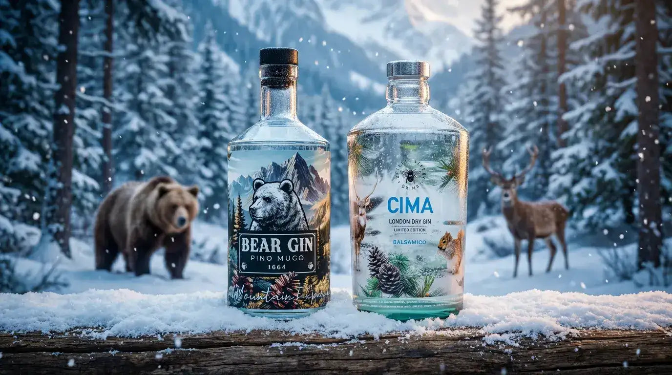 Due bottiglie di vetro trasparente di gin, una etichettata 'bear gin pino mugo 1644' con un'illustrazione di un orso e l'altra 'cima london dry gin limited edition balsamico', posate su legno coperto di neve contro una foresta innevata