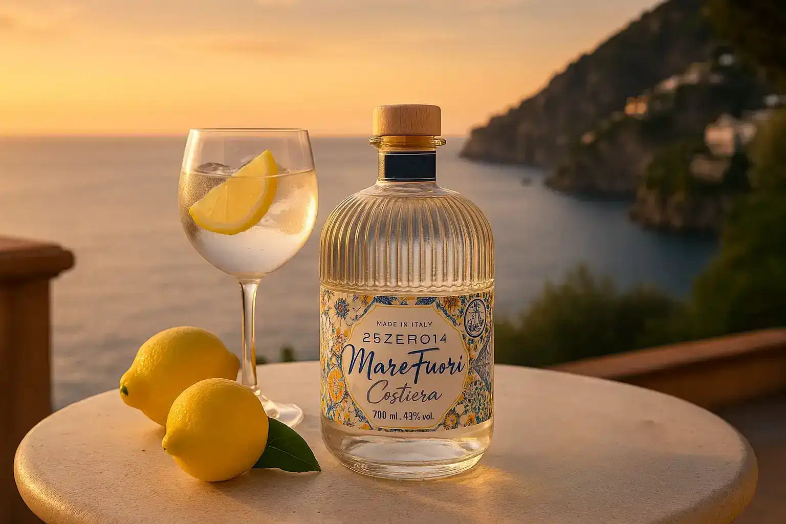 Una bottiglia di vetro trasparente e rigata di spirito 'Mare Fuori Costiera' con un'etichetta colorata e un tappo di colore chiaro, accompagnata da un bicchiere della bevanda e due limoni freschi.