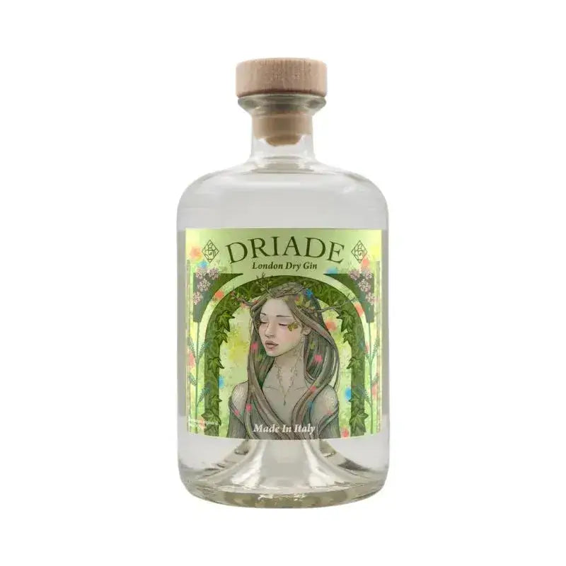 Bottiglia di Driade London Dry Gin su sfondo bianco, gin artigianale italiano con etichetta floreale illustrata e tappo in legno naturale.