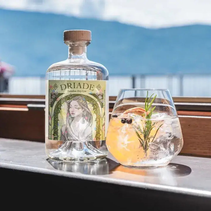 Bottiglia di Driade London Dry Gin accanto a un cocktail gin tonic con ghiaccio, rosmarino, bacche di ginepro e scorza d’arancia, con sfondo panoramico su montagne.