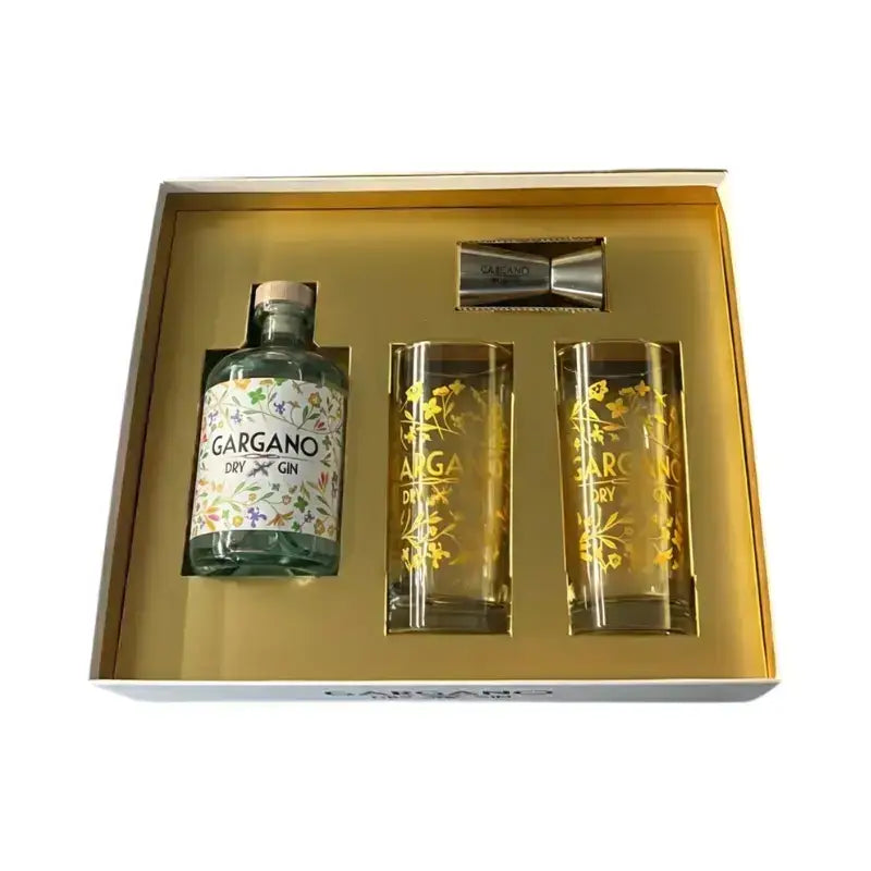 Box regalo Gargano Dry Gin con due bicchieri brandizzati, confezione elegante con gin artigianale italiano.
