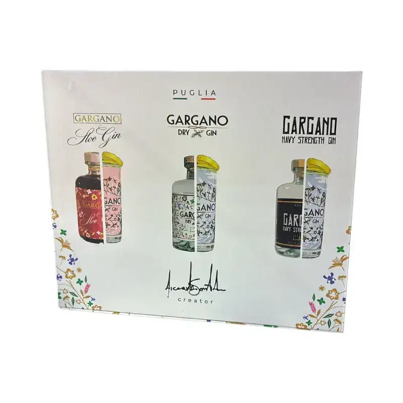 Box degustazione Gargano Gin con Sloe Gin, Dry Gin e Navy Strength, confezione regalo con gin artigianali pugliesi.