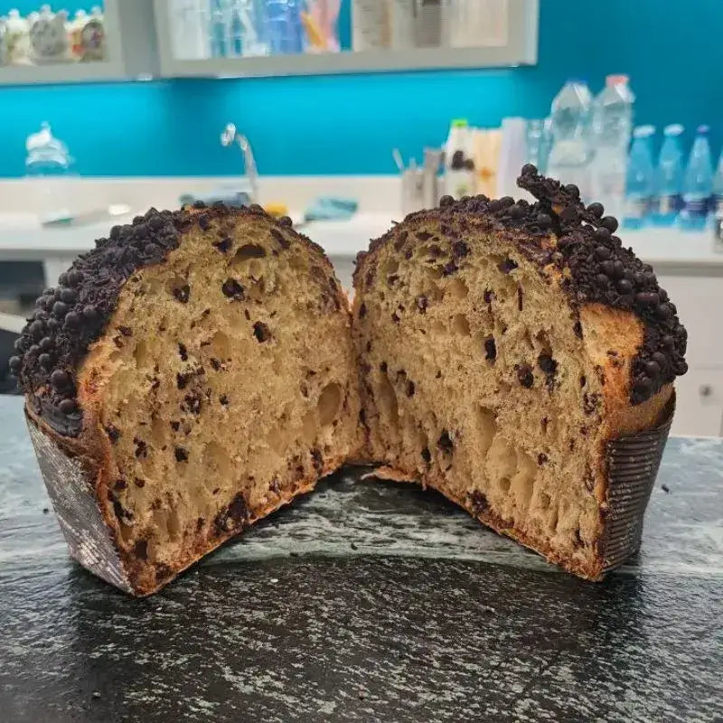 Panettone al cioccolato tagliato a metà che mostra l’interno soffice con gocce di cioccolato distribuite uniformemente