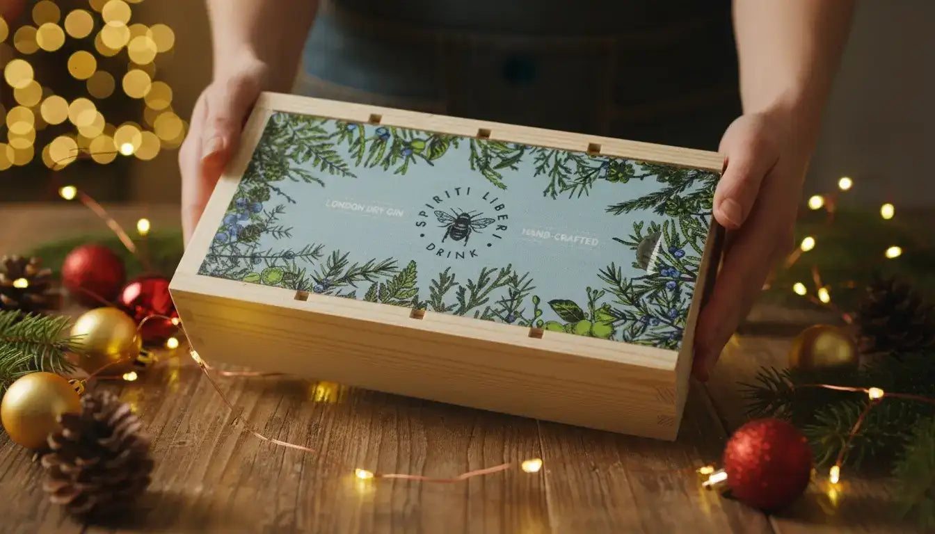 Scatola regalo in legno con design botanico verde e bianco, pigne e logo dell'ape.