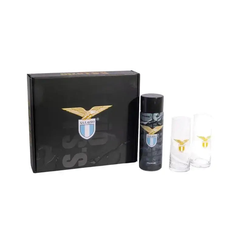 Cofanetto regalo gin SS Lazio – bottiglia di gin artigianale italiano Zen e 2 bicchieri logati, idea regalo perfetta per tifosi e appassionati di gin