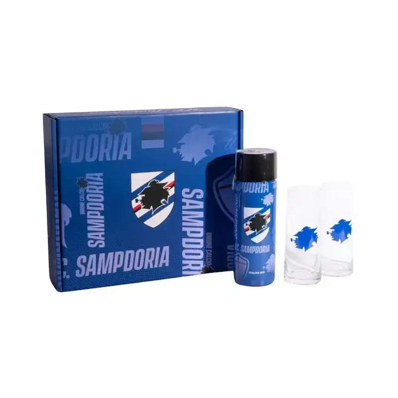 Box regalo Sampdoria con bottiglia di gin artigianale italiano, due bicchieri in vetro con logo blucerchiato e confezione ufficiale azzurra con stemma UC Sampdoria.
