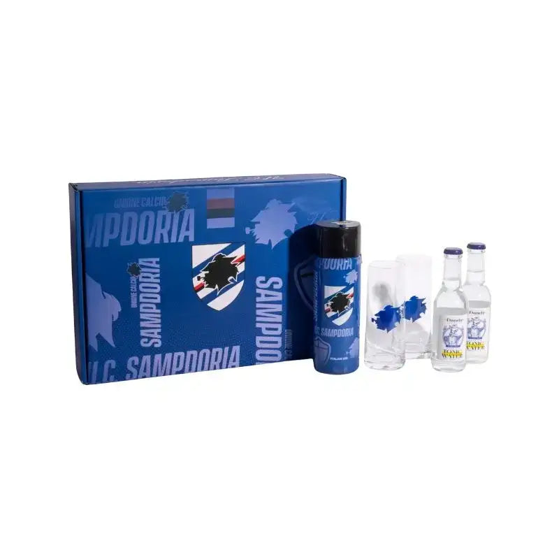 Box regalo Luxury Sampdoria con gin artigianale italiano, due bicchieri in vetro con logo blucerchiato, due toniche Dandy e confezione ufficiale UC Sampdoria.
