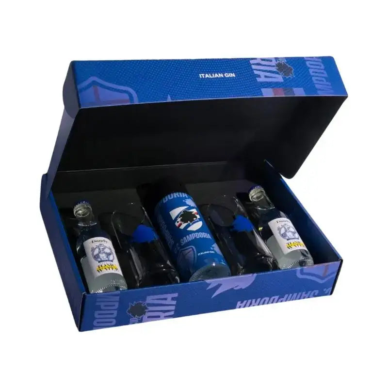 Box regalo Luxury Sampdoria aperta con gin artigianale italiano, due toniche Dandy, due bicchieri in vetro blucerchiati e confezione ufficiale con logo UC Sampdoria.